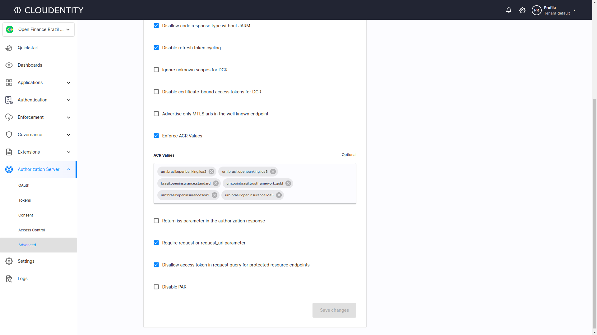 ACR settings in ACP Open Finance Brazil compliant workspace