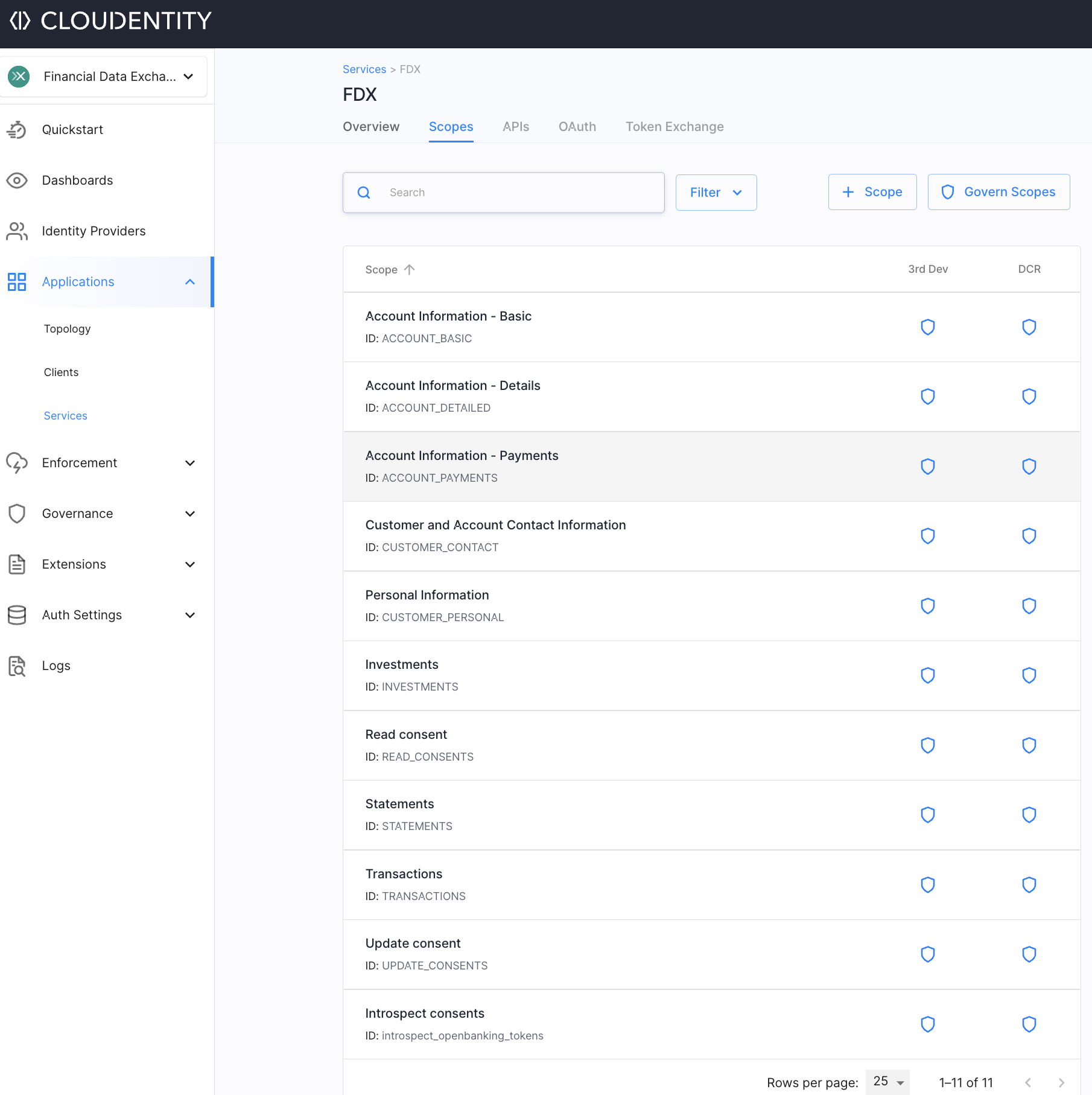 Financial data cluster permission scopes