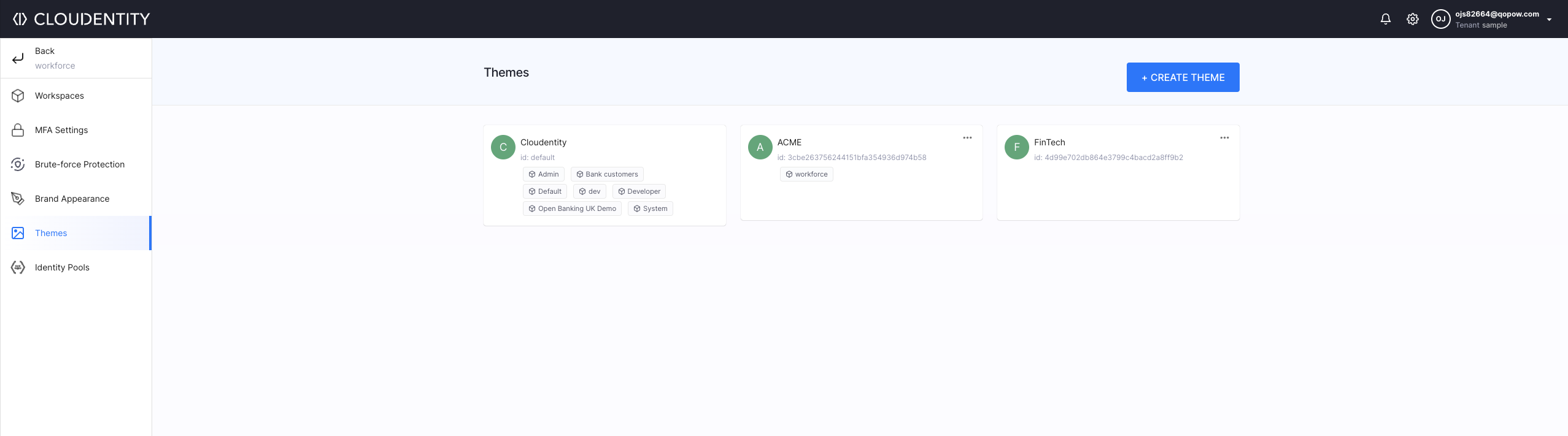 Themes view in Cloudentity platform